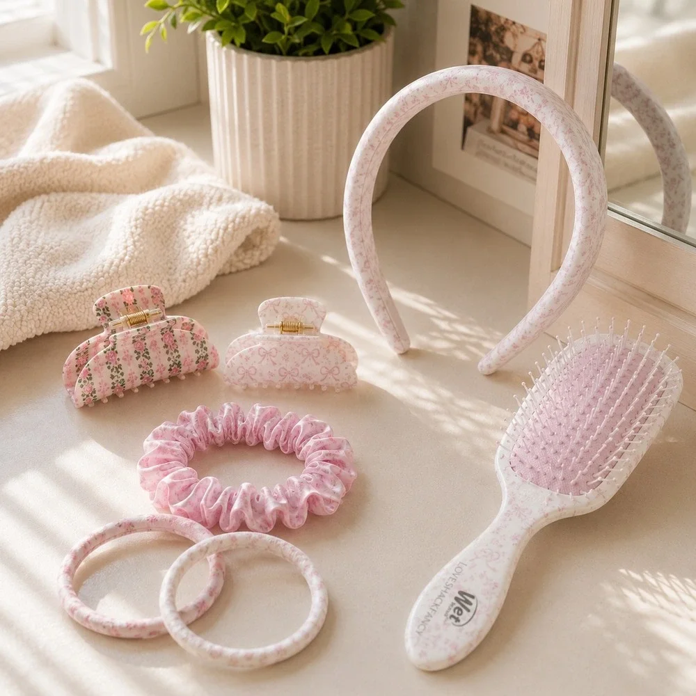 LoveShackFancy x Wet Brush Goody Hair Accessory Set Pink Floral Bows NWT